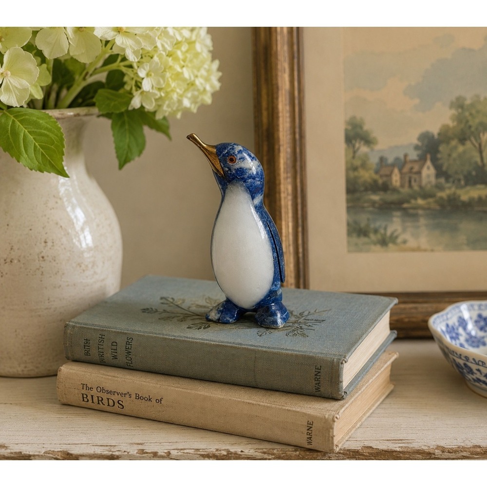 Carved Lapis Lazuli Penguin Figurine with White Onyx Belly and Brass Beak 2.1"